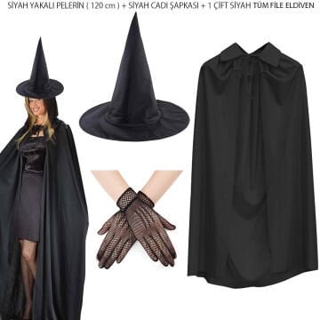 120 cm Siyah Yakalı Cadı Pelerini Cadı Şapkası ve 1 Çift Siyah Kısa File Tüm Eldiven Seti 3 Parça