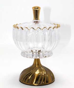 Metal Ayaklı Kristal Cam Şekerlik Gold Detaylı Sunumluk