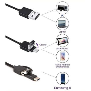 Endoskop 3 in 1 Yılan Kamera USB Micro Usb Type-C 5M Sert Kablo