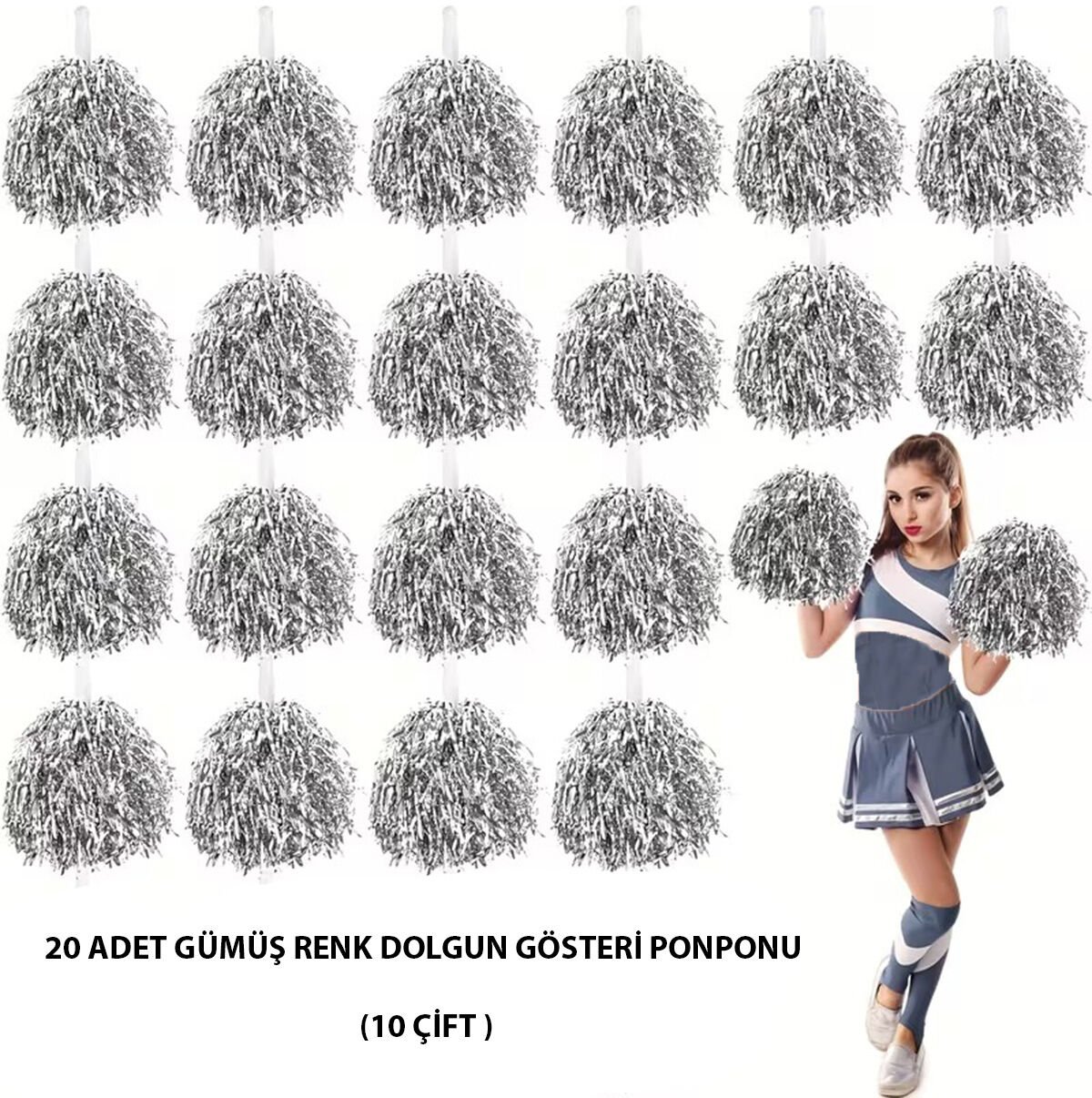 10 Çift ( 20 Adet ) Gümüş Renk 23 Nisan 19 Mayıs 29 Ekim Okul Gösteri Ponponları