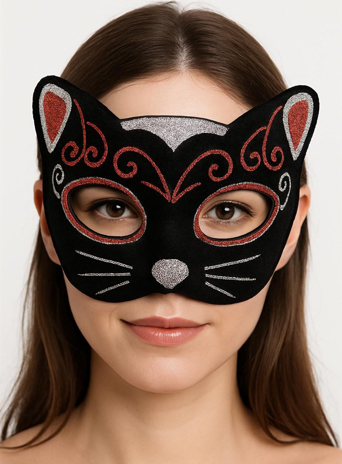 Kadife Dokulu Sim Detaylı Işıltılı Kedi Maskesi Kırmızı Gümüş 20x13 cm