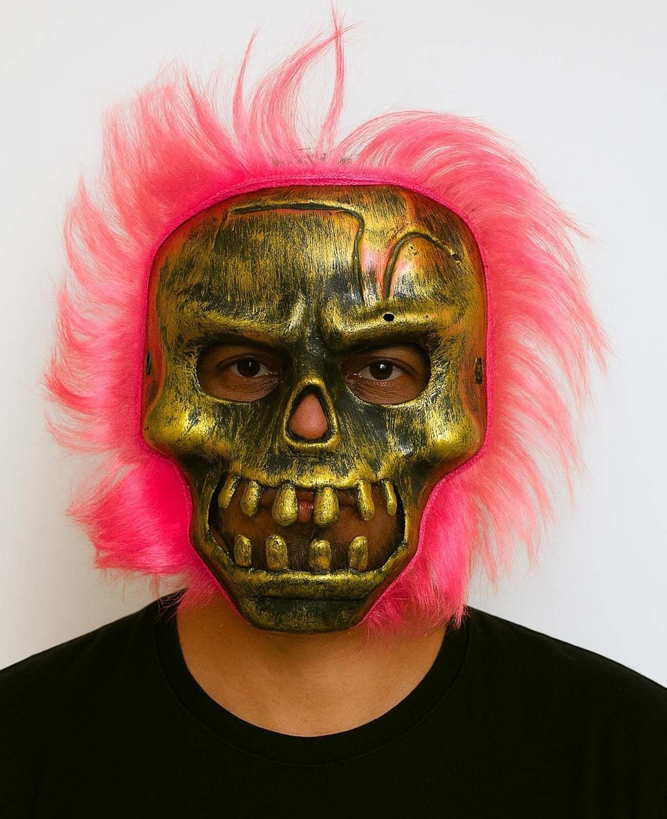 Bakır Kafatası Pembe Saçlı İskelet Maske