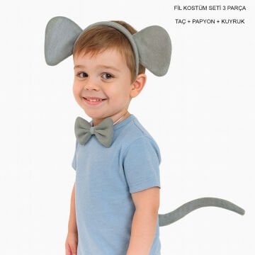 Fil Kostümü Aksesuar Seti 3 lü - Taç Papyon Kuyruk