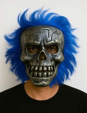 Gümüş Kafatası Mavi Saçlı İskelet Maske
