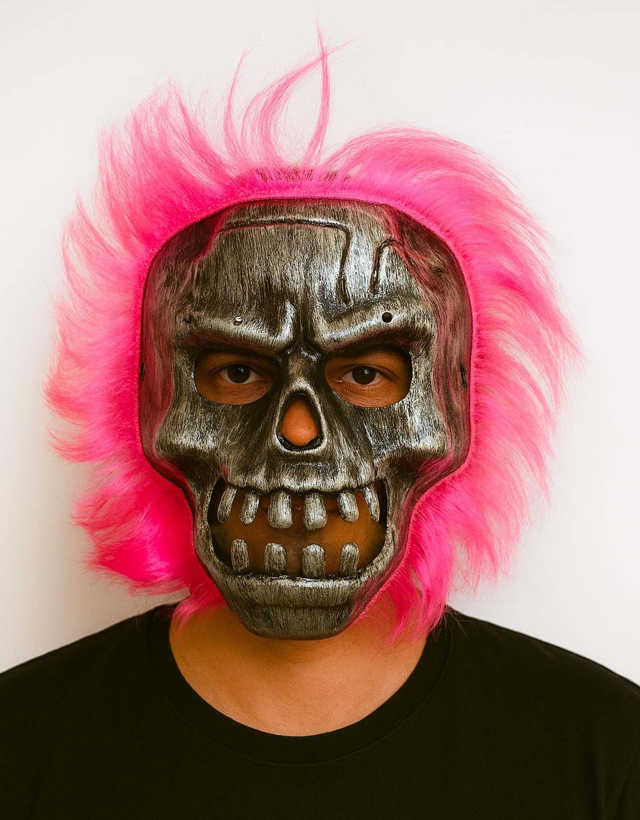 Gümüş Kafatası Pembe Saçlı İskelet Maske