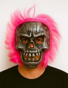 Gümüş Kafatası Pembe Saçlı İskelet Maske