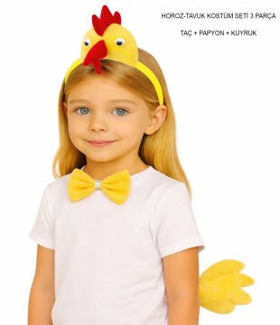 Horoz – Tavuk Kostüm Aksesuar Seti - Taç Papyon Kuyruk