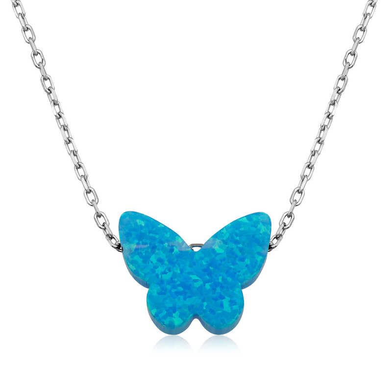 925 Ayar Gümüş Mavi Opal Taş Kelebek Kadın Gümüş Kolye