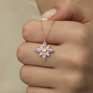 925 Ayar Gümüş Lila Taşlı Umut Çiçeği Kadın Gümüş Kolye