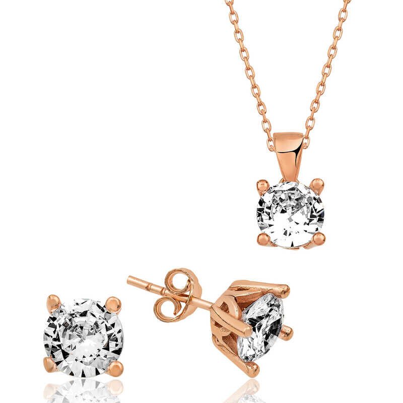 ​925 Ayar Gümüş Rose Tek Taş İkili Set