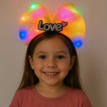 LED Işıklı Love Yazılı Sarı Fiyonk Taç – Kız Çocuk Parti Tacı