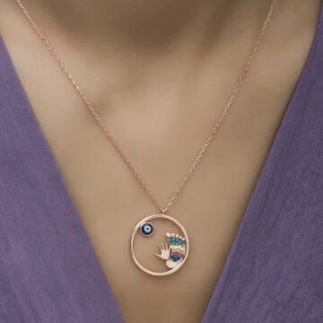 925 Ayar Gümüş Nazarlı El ve Ayak İzi Kadın Gümüş Kolye