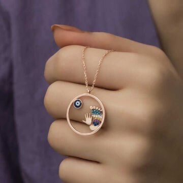 925 Ayar Gümüş Nazarlı El ve Ayak İzi Kadın Gümüş Kolye