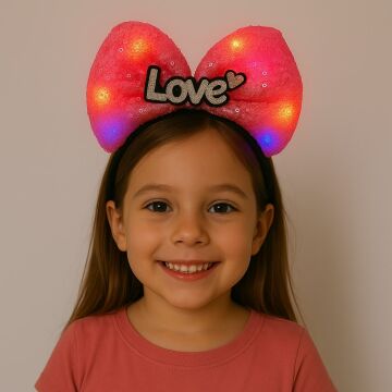 LED Işıklı Love Yazılı Fuşya Fiyonk Taç – Kız Çocuk Parti Tacı