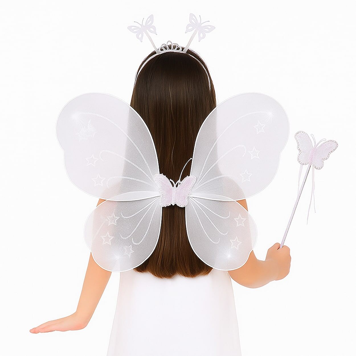 Beyaz Kelebek Kız Seti – 50 cm Kelebek Kanadı, Taç ve Asa