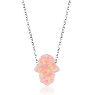 925 Ayar Gümüş Pembe Opal Fatma Ana Eli Kadın Gümüş Kolye