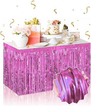 Kendinden Yapışkanlı Pembe Metalize Püsküllü Masa Eteği – 75 x 275 cm Parti Süslemesi