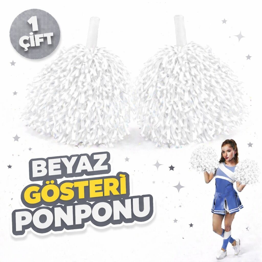 1 Çift ( 2 Adet ) Beyaz Renk 23 Nisan 19 Mayıs 29 Ekim Okul Gösteri Ponponları Ekstra Dolgun