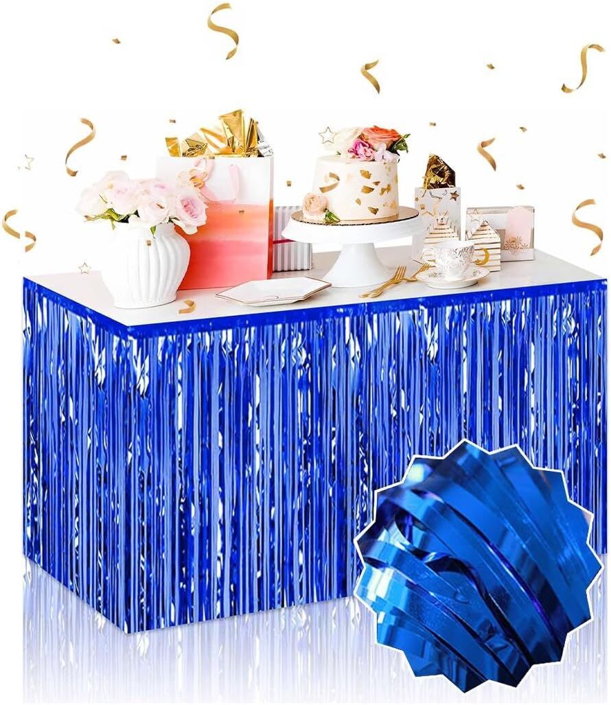 Kendinden Yapışkanlı Mavi Metalize Püsküllü Masa Eteği – 75 x 275 cm Parti Süslemesi