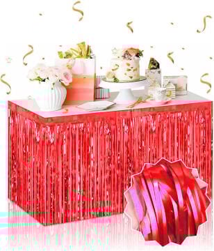 Kendinden Yapışkanlı Kırmızı Metalize Püsküllü Masa Eteği – 75 x 275 cm Parti Süslemesi