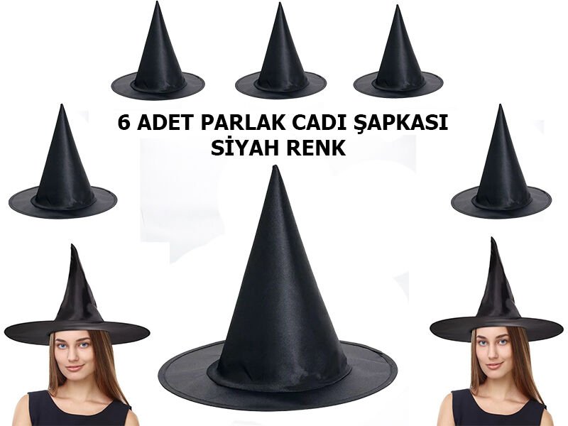 Halloween Siyah Renk Parlak Cadı Şapkası Yetişkin ve Çocuk Uyumlu 6 Adet