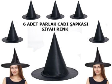 Halloween Siyah Renk Parlak Cadı Şapkası Yetişkin ve Çocuk Uyumlu 6 Adet