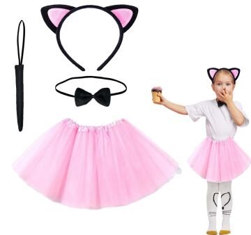 Pembe Renk Etekli Kedi Kostüm Seti (Tütü, Taç, Papyon, Kuyruk)