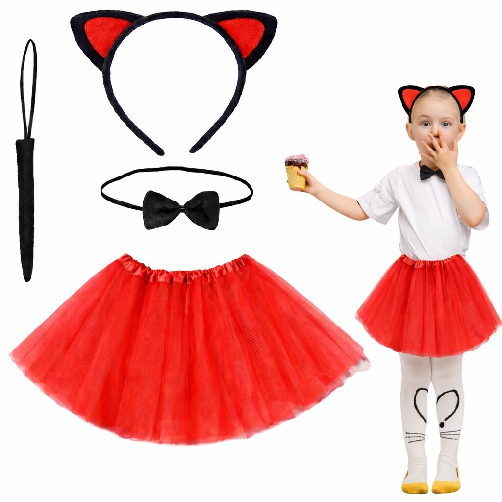 Kırmızı Renk Etekli Kedi Kostüm Seti (Tütü, Taç, Papyon, Kuyruk)