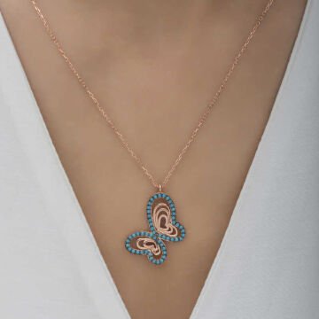 925 Ayar Gümüş Turkuaz Taşlı Kelebek Kadın Gümüş Kolye