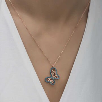 925 Ayar Gümüş Turkuaz Taşlı Kelebek Kadın Gümüş Kolye