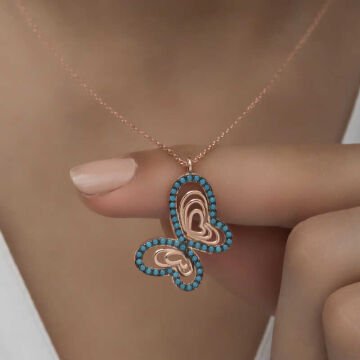 925 Ayar Gümüş Turkuaz Taşlı Kelebek Kadın Gümüş Kolye