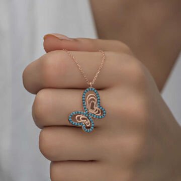 925 Ayar Gümüş Turkuaz Taşlı Kelebek Kadın Gümüş Kolye