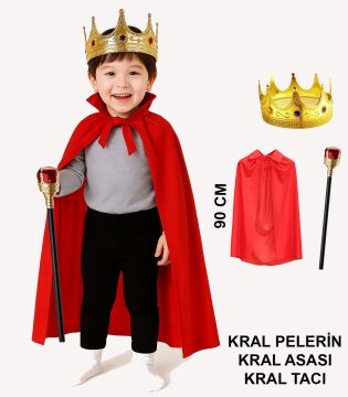 Çocuk Kral Kostüm Seti – Kırmızı Pelerin, Taç ve Asa (90 cm)