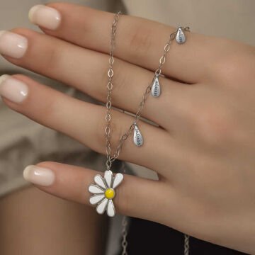 925 Ayar Gümüş Papatya Seviyor Sevmiyor Bayan Gümüş Kolye