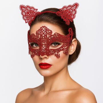 Romantik Kırmızı Dantel Maske Seti – Kedi Kulaklı Taç ve Maske 3 No