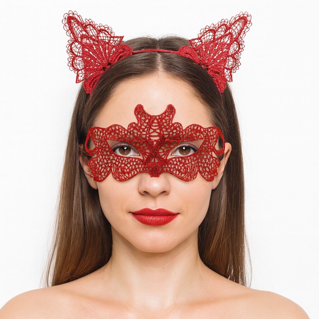 Ateş Kırmızısı Dantel Taç ve Maske Seti 10 No