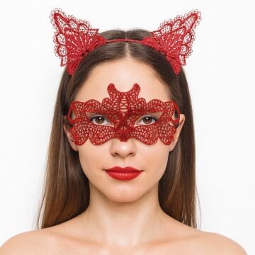 Ateş Kırmızısı Dantel Taç ve Maske Seti 10 No