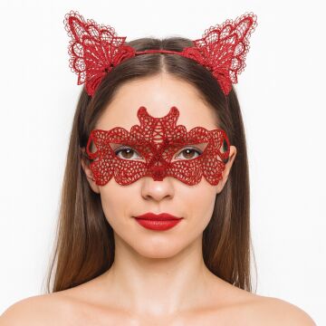 Ateş Kırmızısı Dantel Taç ve Maske Seti 10 No