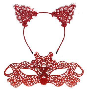 Ateş Kırmızısı Dantel Taç ve Maske Seti 10 No