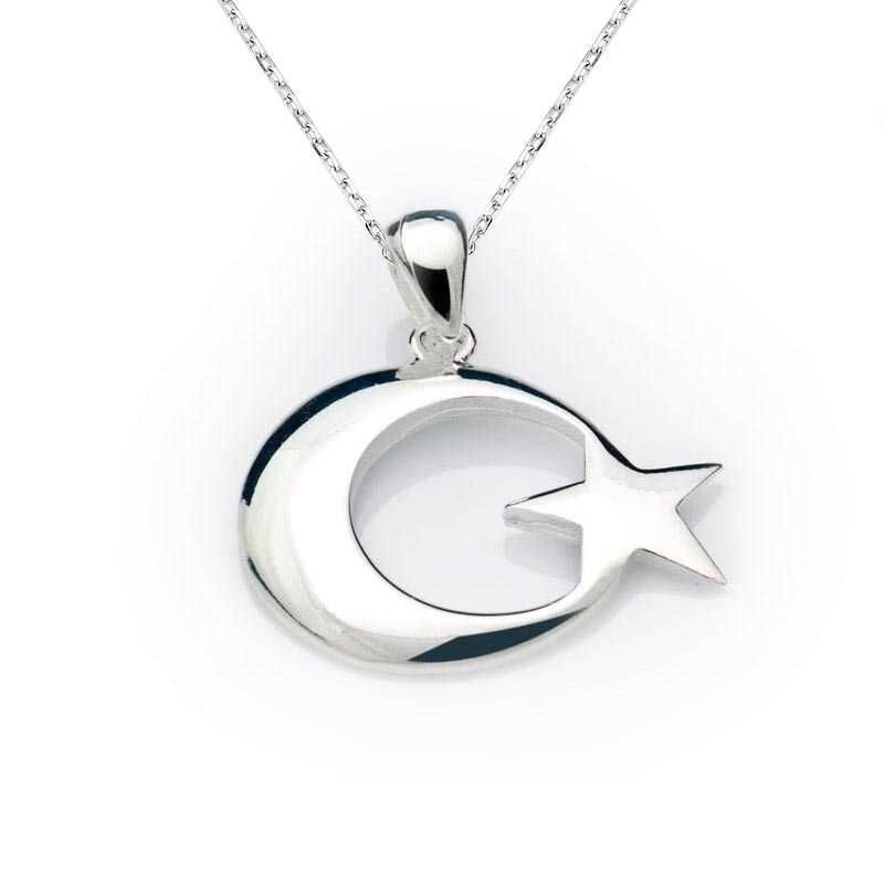 925 Ayar Gümüş Ay Yıldız Bayrak Gümüş Kolye