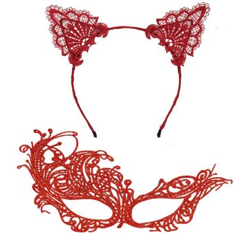 Gizemli Kırmızı Dantel Maske ve Taç Seti 1 No - Kostüm Seti