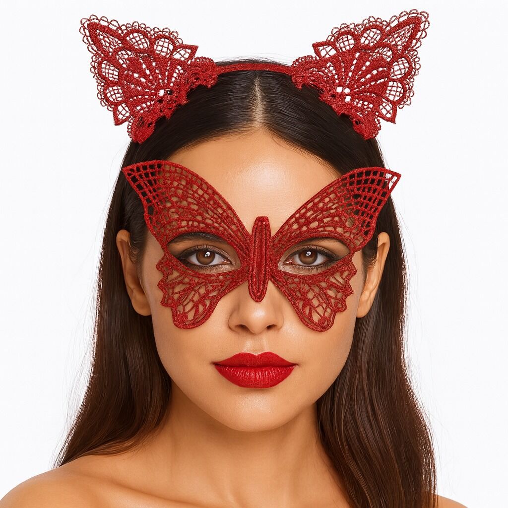 Gösterişli Kırmızı Dantel Maske ve Taç Seti 7 No