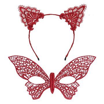 Gösterişli Kırmızı Dantel Maske ve Taç Seti 7 No