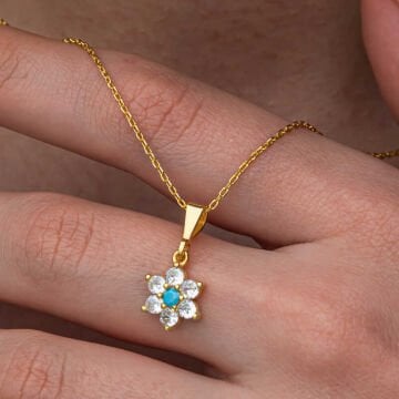 Gümüş Mavi Taşlı Gold Çiçek Kadın Kolye