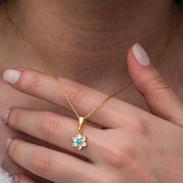 Gümüş Mavi Taşlı Gold Çiçek Kadın Kolye