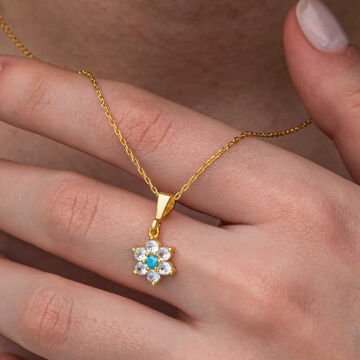 Gümüş Mavi Taşlı Gold Çiçek Kadın Kolye
