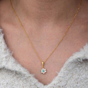 Gümüş Mavi Taşlı Gold Çiçek Kadın Kolye