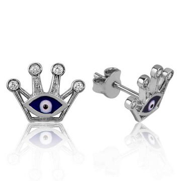 925 Ayar Gümüş Nazarlı Kraliçe Tacı Çivili Küpe