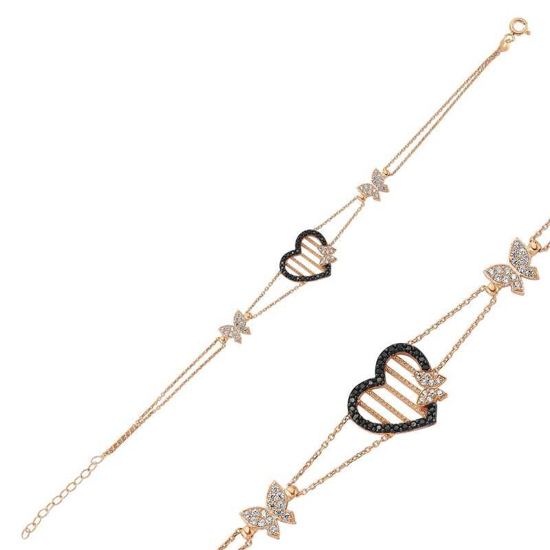 925 Ayar Gümüş Rose Kalpli Kelebek Bileklik