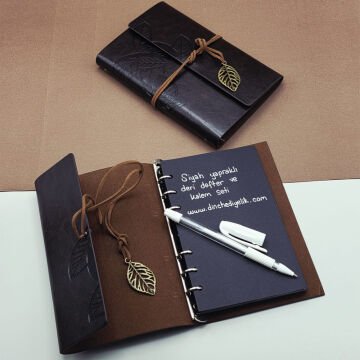 Beyaz Jel Kalem Ve Siyah Yapraklı Deri Hatıra Defteri